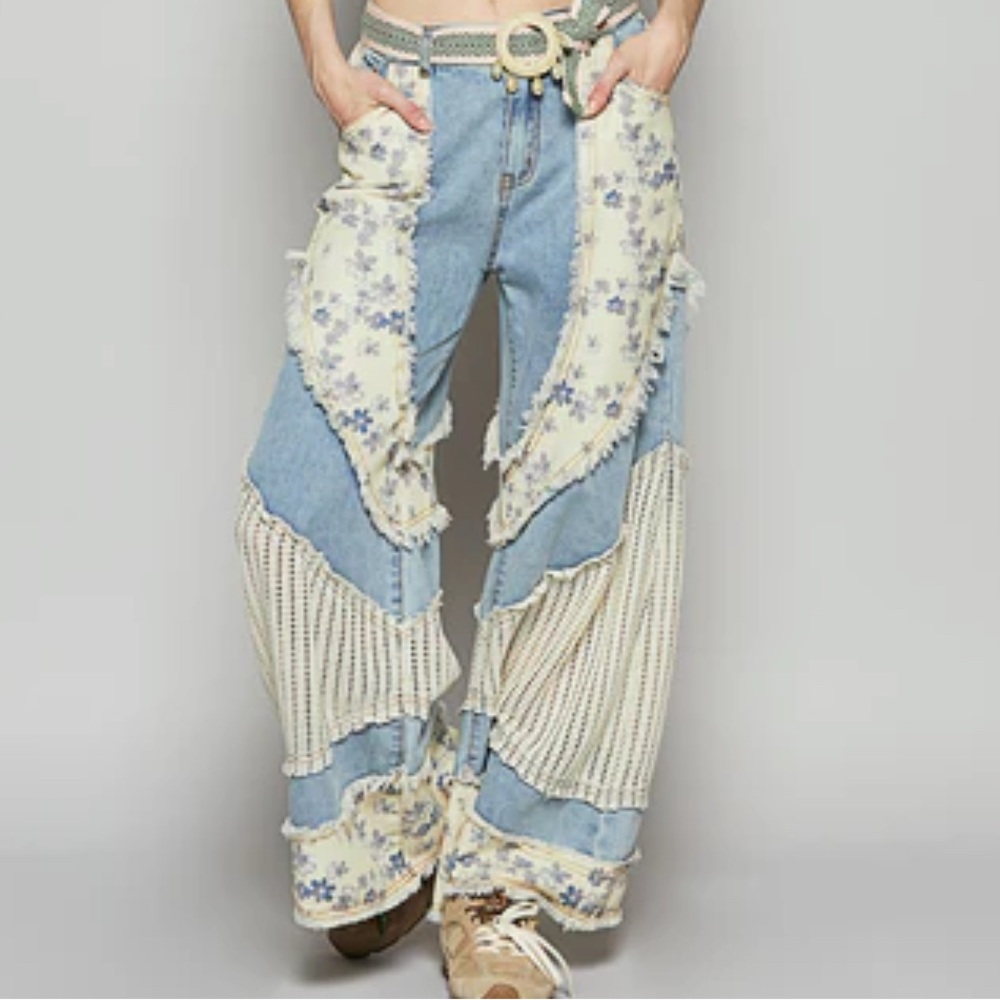 POL Blue and Cream Patchwork Wide-Leg Jeans